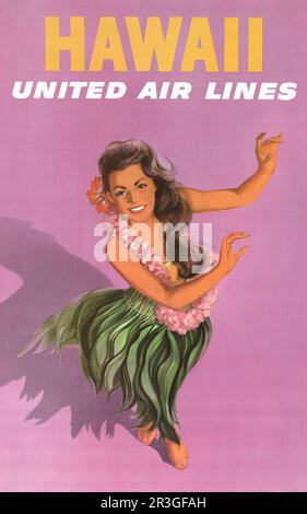 Vintage-Reiseposter für United Air Lines nach Hawaii, auf dem eine junge Frau Hula-Tanz aufführt. Stockfoto