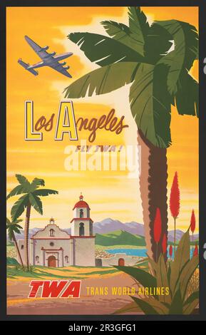 Vintage Travel poste, Fly TWA nach Los Angeles, zeigt Flugzeuge, die über eine spanische Missionskirche fliegen, um 1950. Stockfoto
