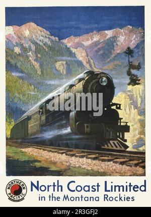 Oldtimer-Reiseposter für North Coast Limited in den Montana Rockies mit einer Dampfmaschine im Bozeman Pass. Stockfoto