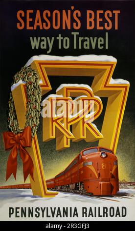 Altes Reiseposter mit einem roten Zug, der durch das Keystone-Logo der Pennsylvania Railroad, ca. 1955, fährt. Stockfoto