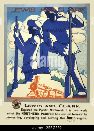 Reiseposter im Vintage-Stil mit Silhouetten von Lewis und Clark und Dampflok im Vordergrund, ca. 1920. Stockfoto