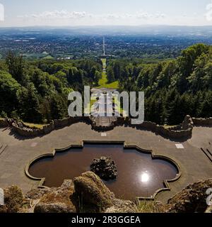 Bergpark Wilhelmshöhe mit Blick über die zentrale Parkachse nach Kassel, Hessen, Deutschland, Europa Stockfoto