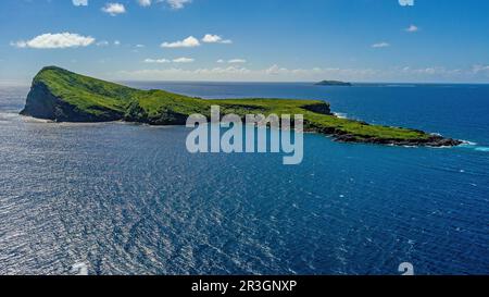 Blick aus der Vogelperspektive auf die Münzinsel der Isle de Coin de Mire Gunner vor der Nordküste von Mauritius im Indischen Ozean, Mauritius Stockfoto