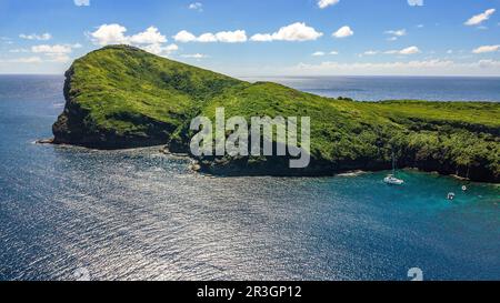 Luftaufnahme aus der Vogelperspektive auf den westlichen Teil der Münzinsel von Isle de Coin de Mire Gunner vor der Nordküste von Mauritius im Indischen Ozean, Mauritius Stockfoto