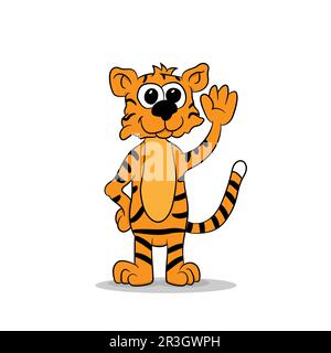 Niedliche Cartoon-Tiger mit einer winkenden Hand auf einem weißen Hintergrund, Vektor-Illustration Stockfoto