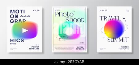 Verschwommene Formen Y2K-Brutalismus Sammlung von abstrakten Vektor-Poster-Vorlagen. Farbenfrohe dekorative holographische Gradientenaurenelemente mit Typographie Stock Vektor