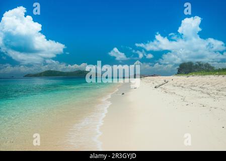 Wunderschöner weißer Sandstrand auf Monuriki oder Ausgefallene Insel, Mamanuca Inseln, Fidschi Stockfoto