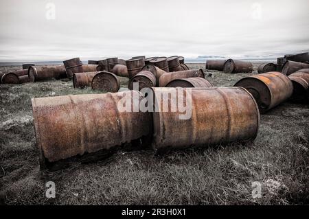 Verrostete Fässer in der Tundra, Mammoth River, Wrangel Island, russischer Fernost, UNESCO-Weltkulturerbe Stockfoto