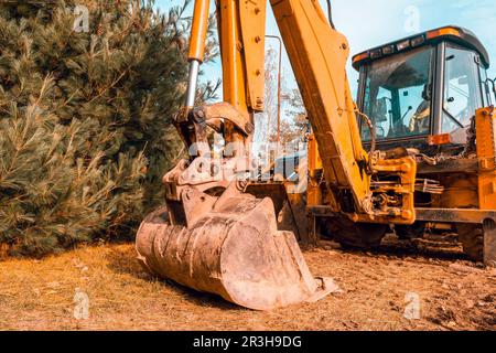 Baggerlöffel Nahaufnahme auf der Baustelle Stockfoto