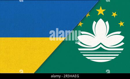 Flagge der Ukraine und Macaus - Abbildung 3D. Zwei Fahnen Zusammen – Stoffstruktur. Nationale Symbole von Stockfoto