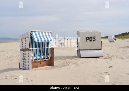 Liegestühle am Ostseestrand auf der Insel Usedom bei Ahlbeck in Deutschland Stockfoto
