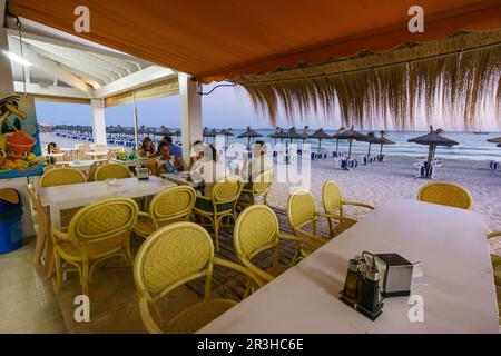 Strandbar, Sa Rapita, Campos, Balearen, Spanien. Stockfoto