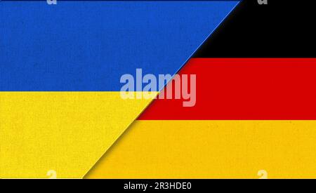 Flagge der Ukraine und Deutschlands. Zwei Fahnen Zusammen – Stoffstruktur. Union zweier Länder. National sy Stockfoto