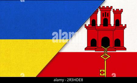 Union zweier Staaten. Flagge der Ukraine und Gibraltars. 3D Abbildung. Zwei Flaggen Zusammen Stockfoto