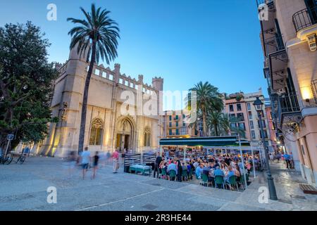 La Llotja, Frente Terrazas de Restaurante La Lonja, edificio Del Siglo XV, PalmaMallorca, Balearen, Spanien. Stockfoto