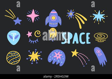 Outer Space niedliches kosmisches, handgezeichnetes Kritzelset. Stock Vektor