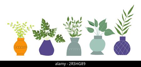 Urbaner Dschungel, trendige Einrichtung mit Pflanzen, tropischen Blättern in stilvollen Pflanztöpfen. Vektordarstellung Stock Vektor