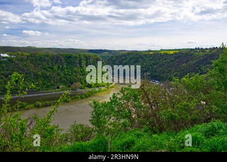 Panoramablick auf den legendären Loreley-Felsen und das obere Mittelrheintal in Sankt Goarshausen, Rheinland-Pfalz, Deutschland Stockfoto