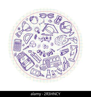 Vektordarstellung von Schulgegenständen und Schreibwaren. Handgezeichnetes Set Schulzubehör. Kreisförmiges Design. Skizzenelemente Stock Vektor