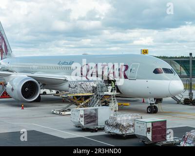 Gardermoen, Norwegen - 22. August 2022: Lachspaletten werden auf eine Qatar Airways Boeing 787-9 am Flughafen Oslo, Gardermoen, geladen. Norwegen ist die Welt Stockfoto