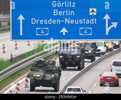 Dresden, Deutschland. 24. Mai 2023. US-Militärfahrzeuge fahren morgens auf der Autobahn A4 nahe Dresden. US-Streitkräfte hatten an der NATO-Übung "Griffin Shock" in Polen teilgenommen. Kredit: Robert Michael/dpa/Alamy Live News Stockfoto