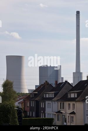 Wohnhäuser vor dem Kraftwerk Herne Steag, Recklinghausen, Deutschland, Europa Stockfoto