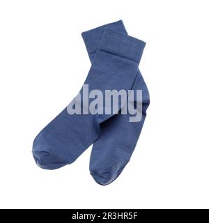 Marineblaue Socken auf weißem Hintergrund, Draufsicht Stockfoto