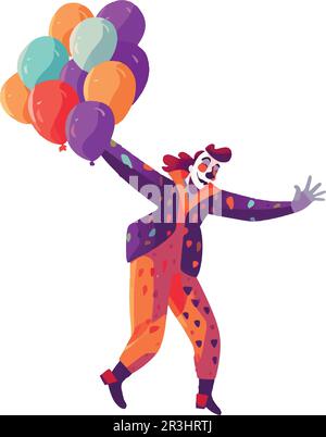 Ein lächelnder Clown, der mehrfarbige Ballons zur Feier hält Stock Vektor