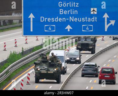 Dresden, Deutschland. 24. Mai 2023. US-Militärfahrzeuge fahren morgens auf der Autobahn A4 nahe Dresden. US-Streitkräfte hatten an der NATO-Übung "Griffin Shock" in Polen teilgenommen. Kredit: Robert Michael/dpa/Alamy Live News Stockfoto