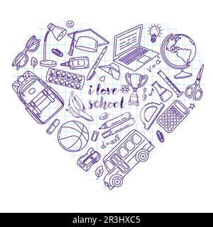 Satz von Vektorbildern von Schulaccessoires und Schreibwaren, gecampt in Form eines Herzens im Doodle-Stil Stock Vektor