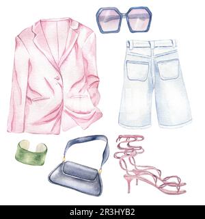 Set mit Sommerkleidung der Frau, Aquarell-Illustration, isoliert auf Weiß. Das stilvolle Outfit einer Frau aus Blazer, Shorts und handgezogenen Schuhen. Design für den Shop, Stockfoto