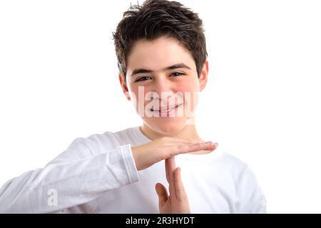 Auszeit-Geste von einem hispanischen glatten Jungen Stockfoto