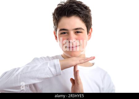 Auszeit-Geste von einem hispanischen glatten Jungen Stockfoto