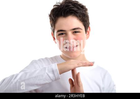 Auszeit-Geste von einem hispanischen glatten Jungen Stockfoto