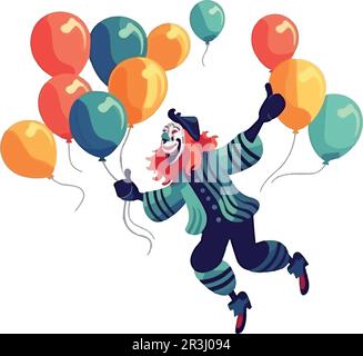 Ein Clown, der vor Freude hüpft und mehrfarbige Ballons hält Stock Vektor