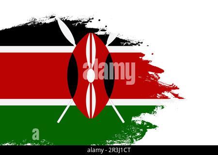 Kenia-Flagge auf einem gefärbten Strichpinsel, isolierter weißer Hintergrund mit Kopierbereich Stockfoto