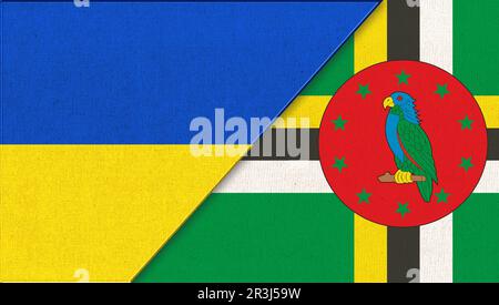 Flagge der Ukraine und Dominica – Abbildung 3D. Zwei Flaggen Zusammen – Stoffstruktur. Nationales Symbol Stockfoto