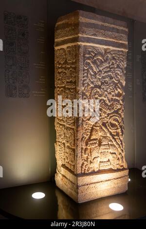 Stela eines Herrschers, der als Krieger verkleidet war, datiert 749 v. Chr. aus Xcocha, Museum für Maya-Archäologie, Campeche-Stadt, Mexiko Stockfoto