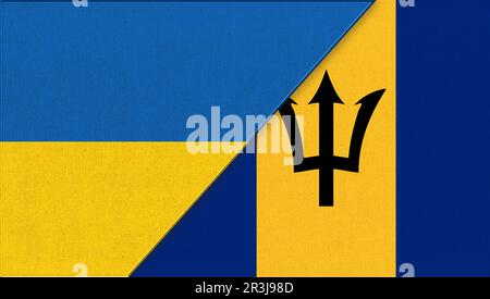 Flagge der Ukraine und Barbados – Abbildung 3D. Zwei Flaggen Zusammen – Stoffstruktur. Nationales Symbol Stockfoto