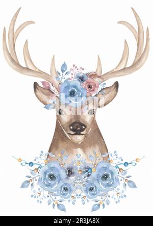 Aquarelle Tiere und wunderschöne Blumenstrauße. Mit Blumen und Federn verzierte Hirsche. Komposition für Design. Postkarte, poste Stockfoto