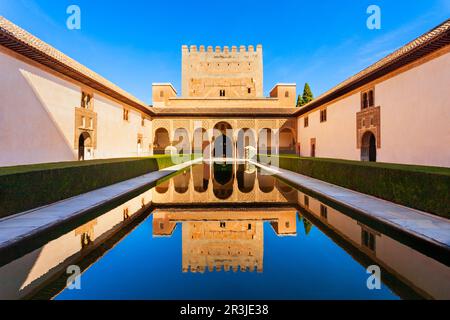 Der Hof der Myrtles ist der zentrale Teil des Comares-Palastes im Alhambra-Komplex in Granada, Spanien Stockfoto