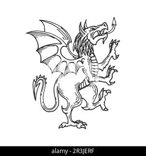 Heraldischer mittelalterlicher Drachen-Sketch, Fantasy-Tier oder mythisches Monster, Vektorheraltrockensymbol. Heraldischer, wütender Drache mit Flügeln und Krallen, mittelalterliche Fantasie-Kreatur als Wappen oder Heraltrockenheit Stock Vektor