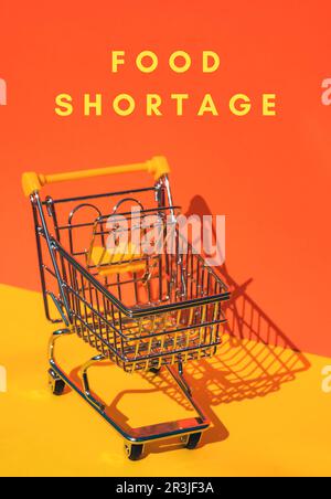 Text FÜR LEBENSMITTELKNAPPHEIT mit leerem Einkaufswagen auf isometrischem orangefarbenem gelben Hintergrund. Kleiner Spielzeugsupermarkt, Supermarkt, Supermarkt Stockfoto