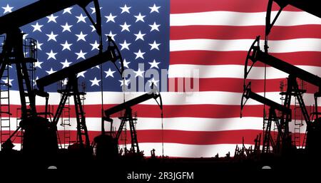 Verringerung oder Erhöhung der Ölförderung in den Vereinigten Staaten. Die Silhouette der Ölpumpen auf der US-amerikanischen Flagge. Funktionierende Ölpumpen. Handel, Finanzierung A Stockfoto