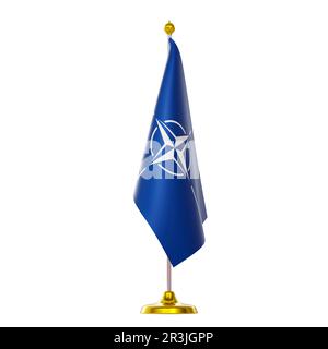 3D Rendering der Flagge der NATO auf Fahnenmast für politische Konzepte. Stockfoto