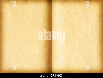 Altes offenes mittelalterliches Buch mit verschlissenen Pergamentseiten. Unbeschriftetes, strukturiertes Manuskript, Kopierraum Stockfoto