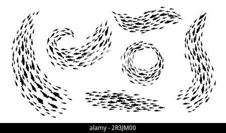 Schuppen- und Fischschulsilhouetten. Meeres- und Unterwasserwelt, Natur und Ökologie der Ozeane, Meeresfrüchte und Fischereiindustrie Vektorsymbole oder Hintergrund mit Thunfisch- oder Lachsfischleinen, rund- und Wellenschwärmen Stock Vektor