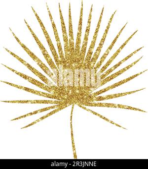 Goldener, glitzernder, trockener Palmenzweig. Handgezeichnet glänzendes, glänzendes Blatt einer abstrakten Pflanze, getrocknetes Blatt einer Palme Stockfoto