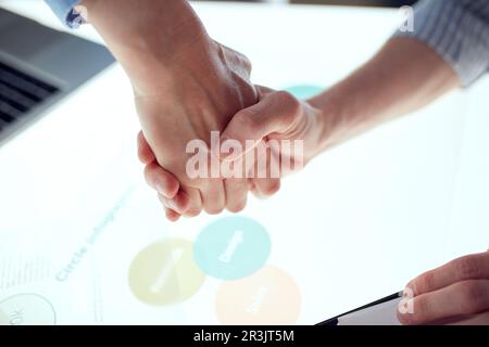 Geschäftsleute schütteln sich die Hand und beenden ein Meeting. Zwei Männer, Partner machen ein Geschäft. Konzept von Abkommen, Partnerschaft, Zusammenarbeit Stockfoto