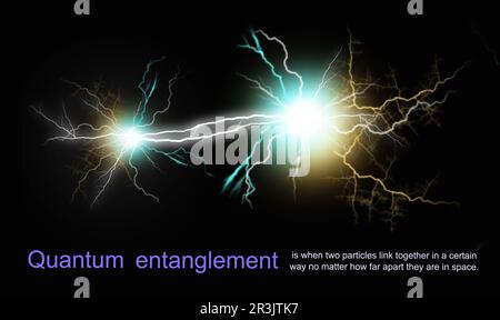 Quantenverschränkung oder Korrelationskonzept. Quantenmechanik-Illustration. Die beiden Partikel sind unabhängig von ihrer Größe vollständig miteinander verwandt Stockfoto